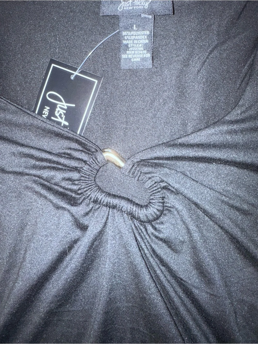 Just Polly Black Ruched Ring Front Stretch Top NWT Large - Picture 4 of 10